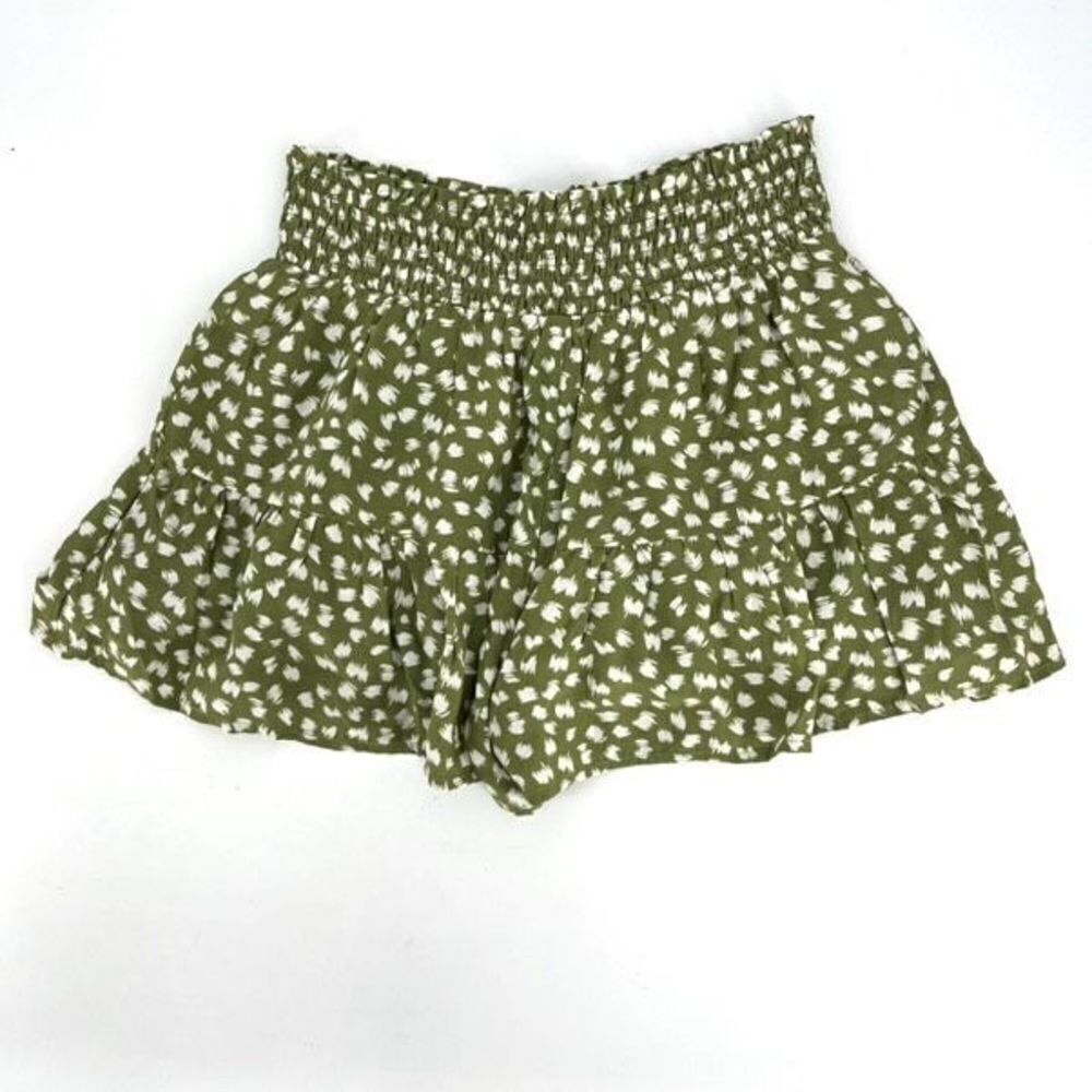 Le Lis Floral Flirty Ruffle Olive & Cream Shorts small pull on hi rise hi waiste